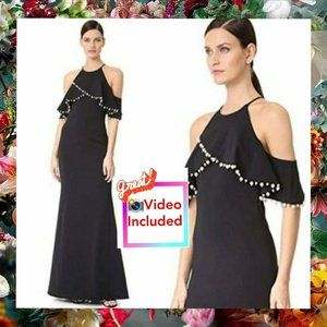 $795 NWT BADGLEY MISCHKA Women's Black Maxi Long Dress‎ 4 SMALL Ruffle Pearls